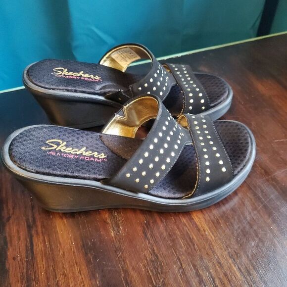 Skechers Memory Foam Black with gold studded accent Wedge/Slides 6 - Picture 2 of 7